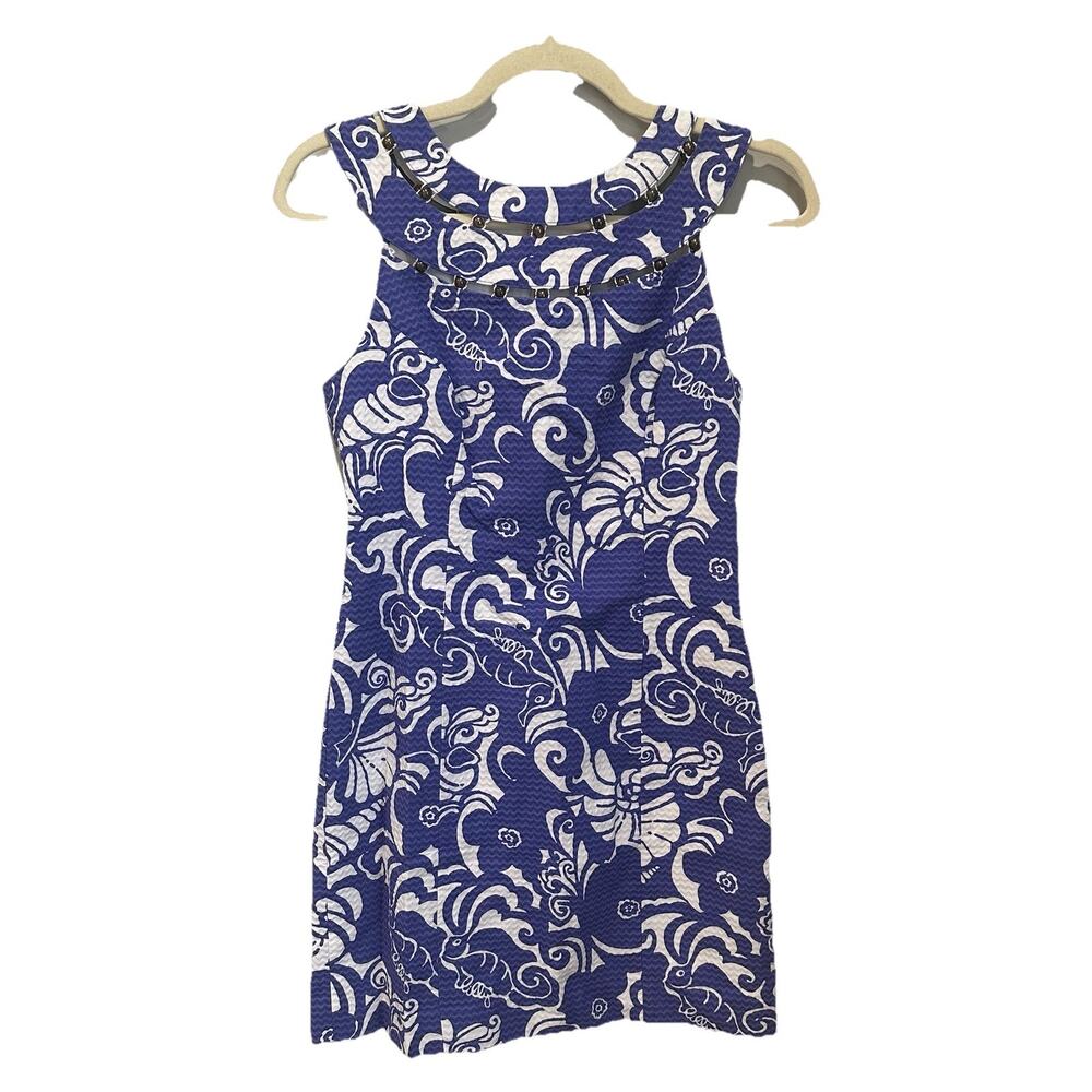 Lilly Pulitzer Lindy Spectrum Blue White‎ Shift Beaded Sleeveless Dress Size 2